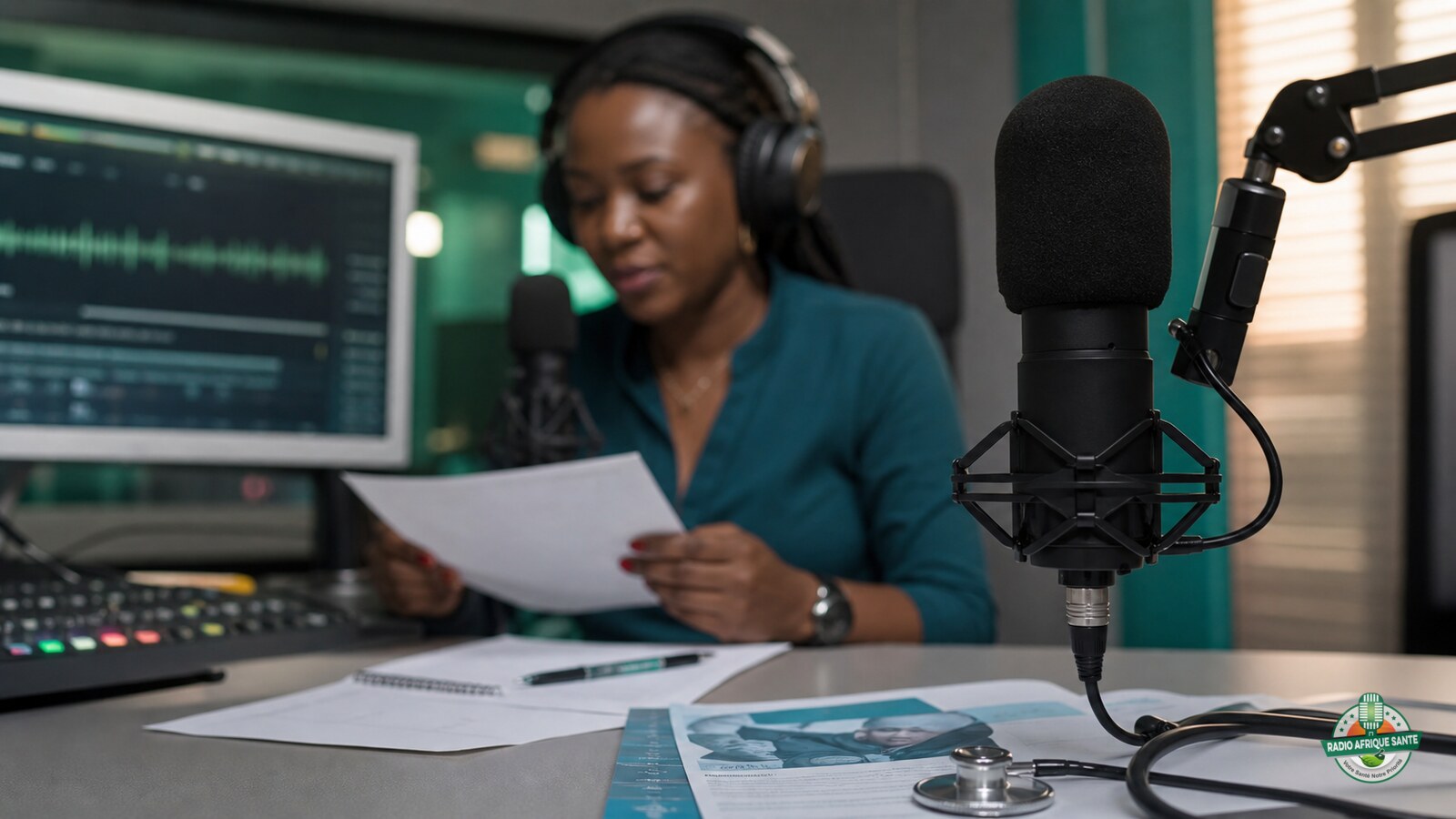 Studio de radio santé avec micro, casque et console de diffusion
