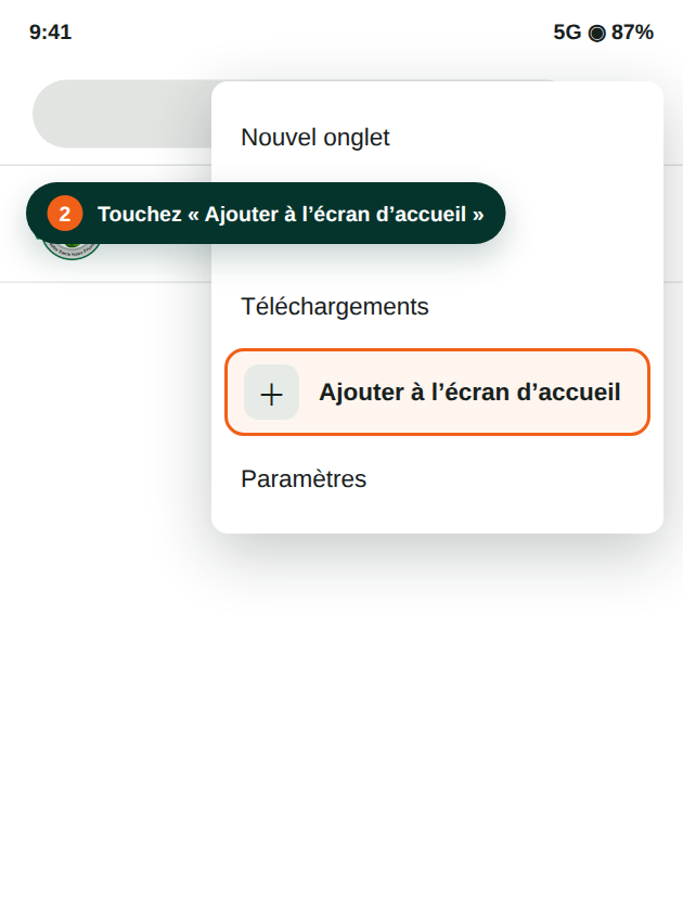 Dans le menu Chrome Android, Ajouter à l’écran d’accueil est encadré en orange.