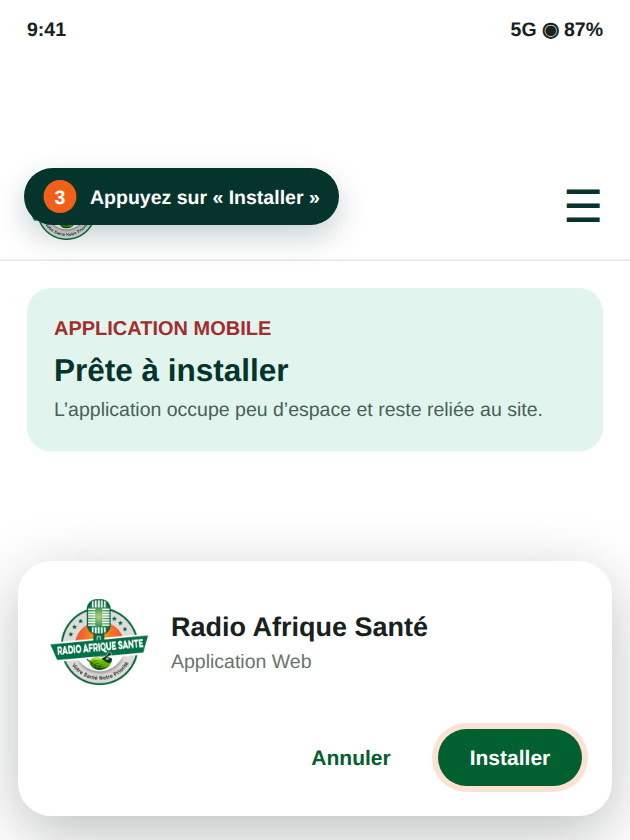 Fenêtre Android d’installation de Radio Afrique Santé avec le bouton Installer.