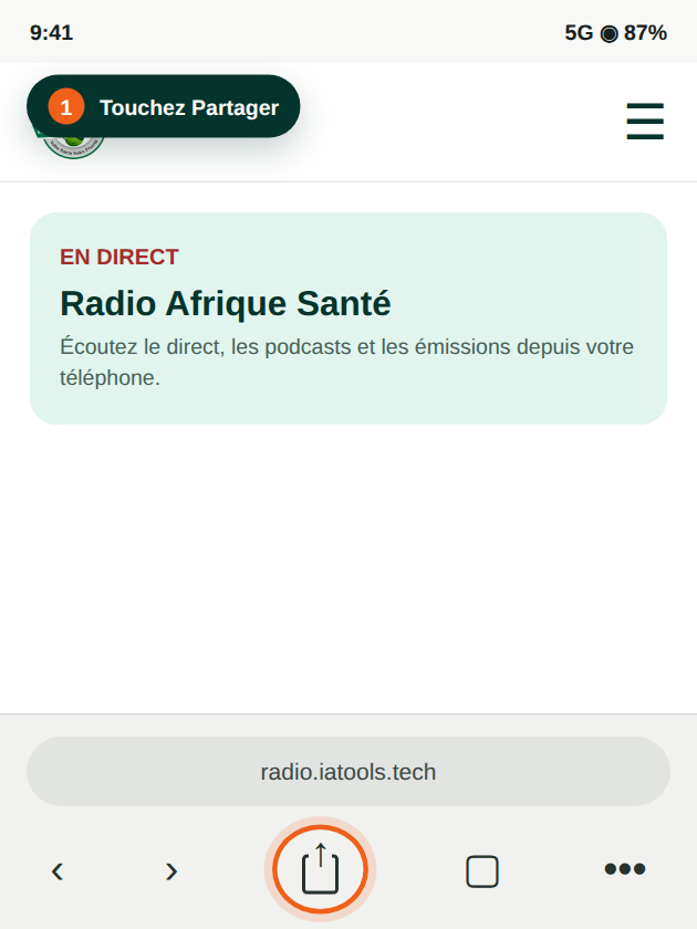 Sur iPhone, le bouton Partager du navigateur est entouré en orange.