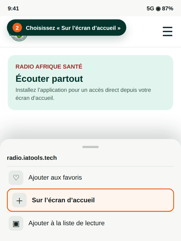 Dans la feuille de partage iOS, l’action Sur l’écran d’accueil est encadrée en orange.
