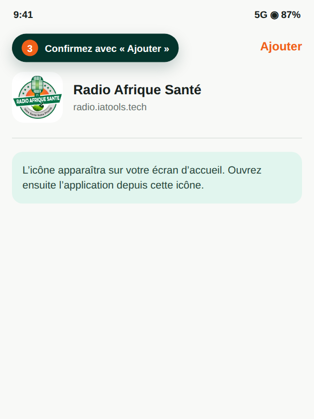 Écran de confirmation iOS avec le bouton Ajouter mis en évidence.